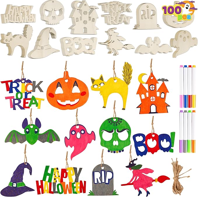 JOYIN 100 Pcs Halloween Craft Wooden Painting Kit, Halloween Party Supplies, Party Favors for Kids, Wood Blank Cutouts Ornaments, Gift Tags Decor for School Art DIY Activities Goodies Games
