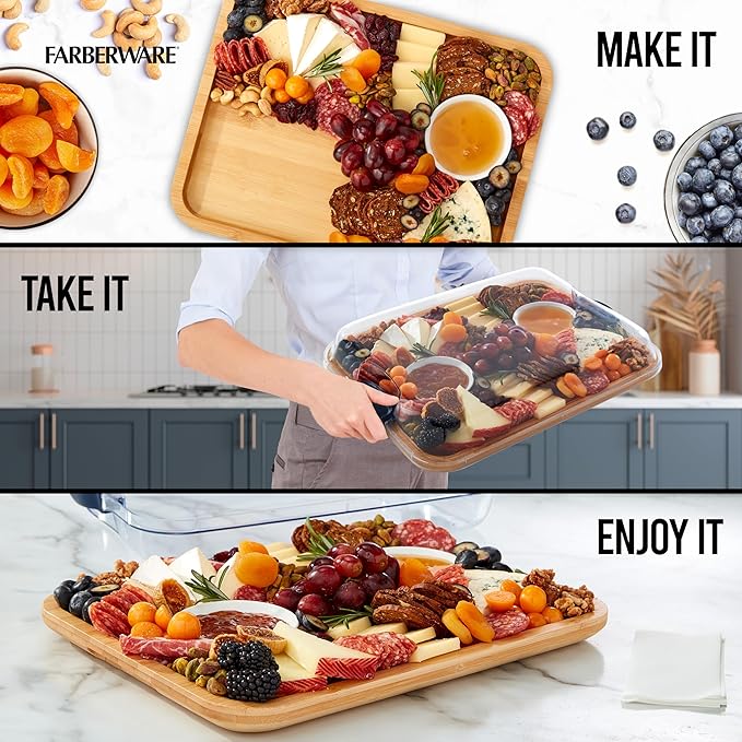 FARBERWARE Build-A-Board Bamboo Cutting Board with Built-in Compartments, Clear Locking Lid & Navy Handles, Ideal for Charcuterie, Snacks & Prep