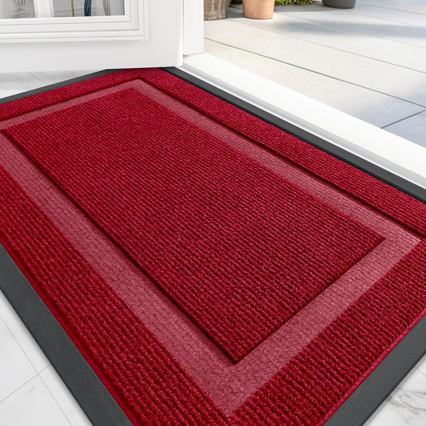 OLANLY Front Door Mat Indoor Outdoor Entrance, Waterproof All-Season, All-Weather Doormat, Sturdy Natural Rubber, Fade Resistant, Low Profile, Easy Clean Patio Porch Entryway Mat, 29.5x17, Wine Red