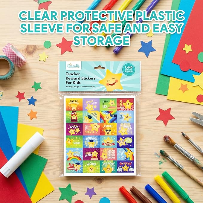 Decorably 1,440 Star Teacher Stickers for Grading for Students - 60 Sheets with 24 Adorable Designs for Classroom Activities, Reward Chart, Positive Reinforcement, Arts & Crafts, Scrapbooking, Gift