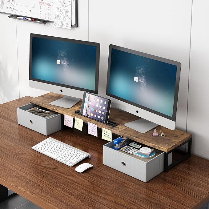 Mexin Dual Monitor Stand Riser with 2 Drawers - 39Inch Large Storage Computer Monitor Stands for 2 Monitors, Wooden Desktop Organizer Perfect for Home Office Desk, Computer, Laptop, TV, Rustic Brown