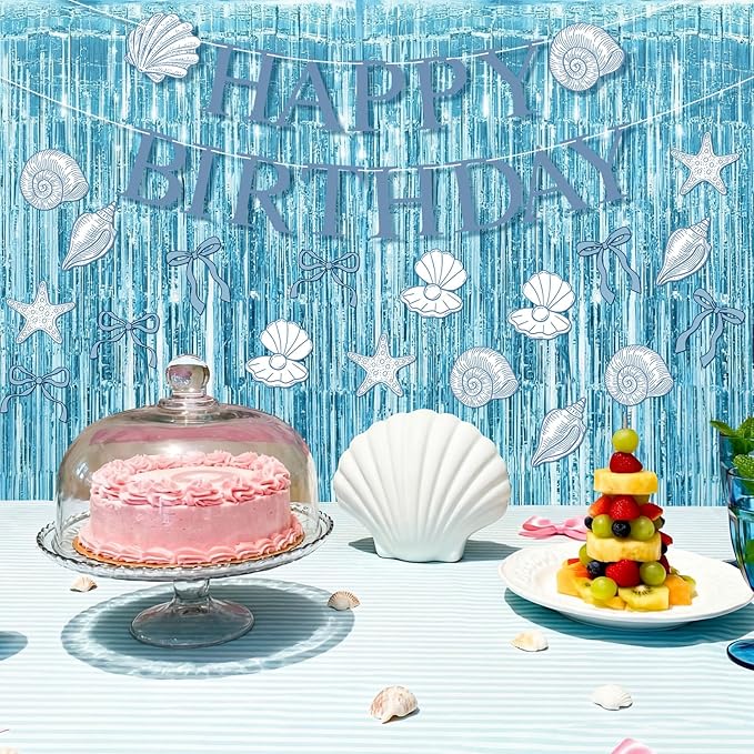 Epakh 39 Pcs Coastal Blue Bow Starfish Seashell Party Decorations Includes 24 Pcs Paper Cards Decor 13 Happy Birthday Banner 2 Foil Fringe Curtain Backdrop for Ocean Photo Prop Party Supplies