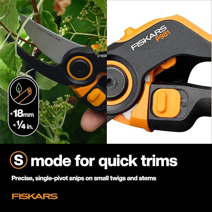 Fiskars DualAction Pruner – Hand Pruner with Two Cutting Modes, Bypass Garden Pruner for Stems and Branches up to 1", Low-Friction Steel Blade, FiberComp Frame