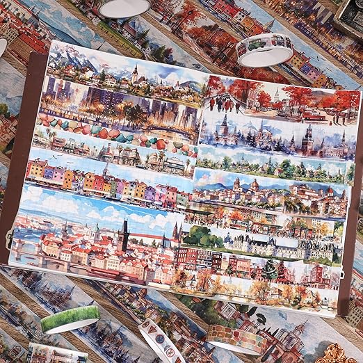 32 Rolls Vintage Washi Tape Set, European Cityscapes with Architectures & Scenery, Writable Decorative Tapes for Scrapbooking, Junk Journal Bullet Journal Supplies 8-50mm Wide, Artistic Adhesive Tape