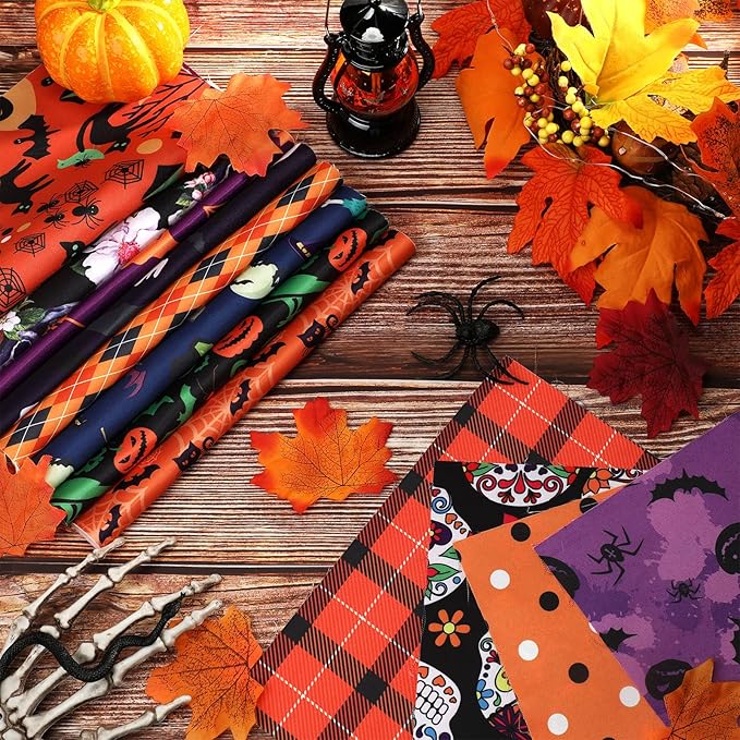 60 Pcs 10 x 10 Inch Halloween Fabric Polyester Fabric Bundle Fat Quarters Bat Pumpkin Ghost Skull Print Squares Holiday Quilting for DIY Decorations Sewing Craft, 30 Styles (Ghost)