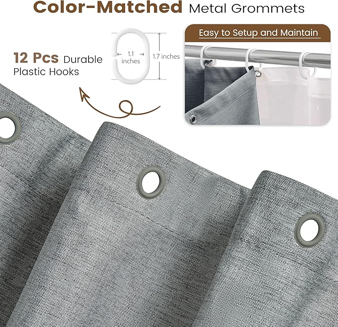 BTTN Grey 3 in 1 Shower Curtain Set, Linen Textured Fabric Shower Curtain and Clear Liner Set with Plastic Hook, Modern Hotel Luxury Weighted Waterproof Shower Curtain for Bathroom, Gray, 72x72