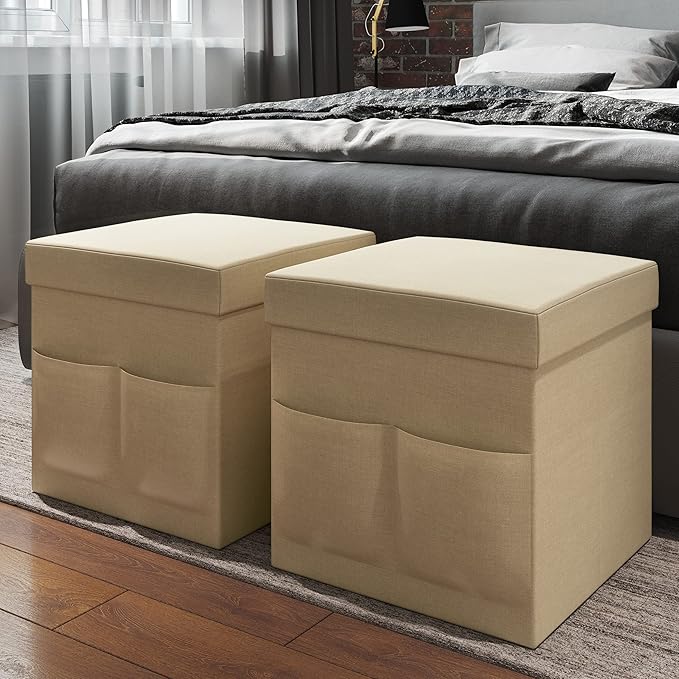 Set of 2 Ottomans with Storage Pockets - 15-Inch Folding Foot Rests or Storage Organizers for Bedroom, Living Room, or Dorm by Lavish Home (Beige)