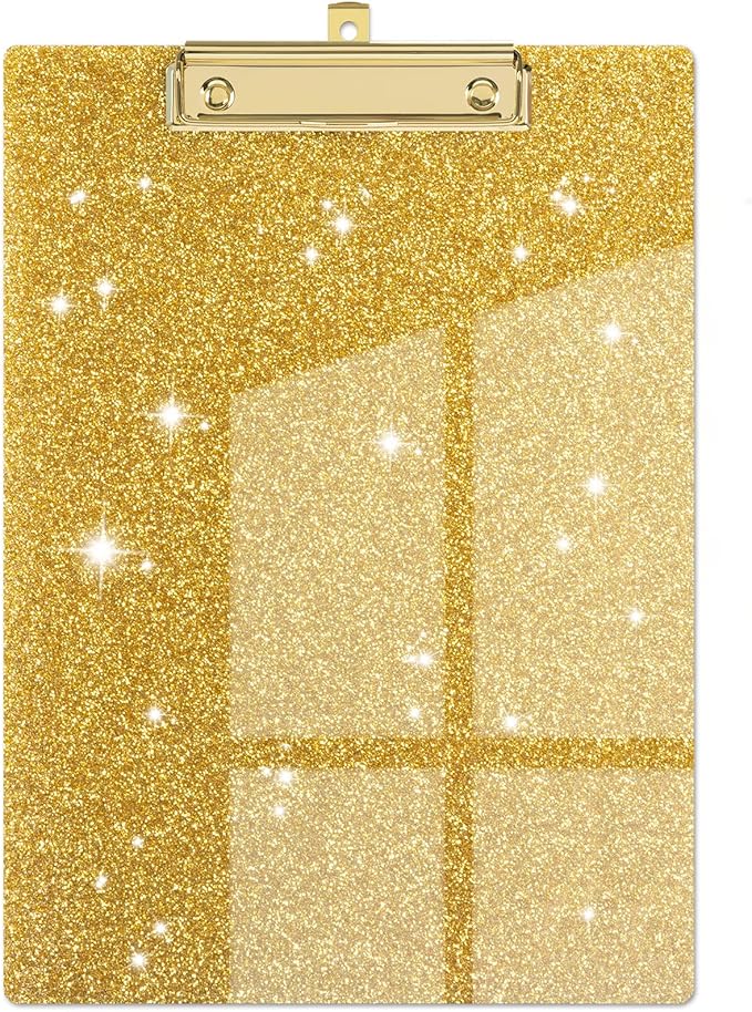 Piasoenc Acrylic Clipboards, Fashion Glitter Clip Board with Low Profile Gold Clip, Designed for Classroom School and Office Use, A4 Letter Size 9 x 12.5 in,Gold