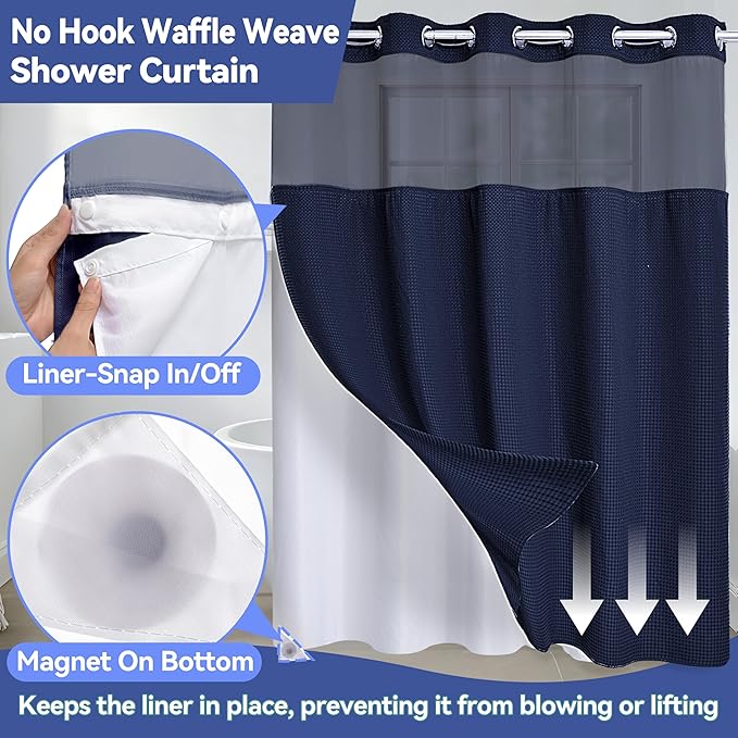 Conbo Mio No Hook Waffle Weave Shower Curtain with Snap in Liner Set, Hotel Luxury Navy Blue Shower Curtains for Bathroom with See Through Top Window, Waterproof, Washable 71W x 74H