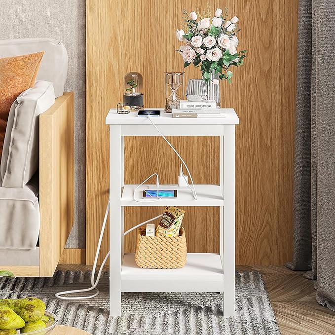 VECELO Modern Nightstands with Charging Station,Side End Table Night Stand with Storage Shelf for Small Spaces, Bedroom,Living Room
