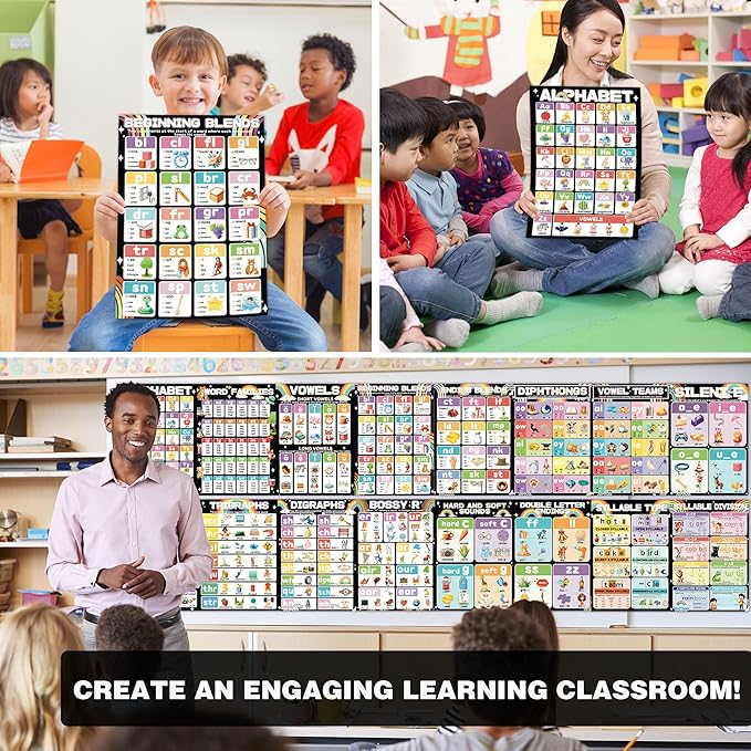 YIYDONG 16 Phonics Posters for Classroom - Learning Posters for Sound Wall Phonics Digraphs Blends Syllable Types Vowel Sounds Poster for Kindergarten, Elementary, Homeschool Supplies (Black)