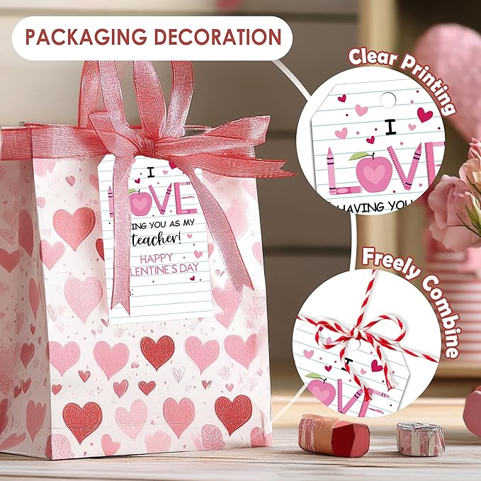 50Pcs Teacher Valentine's Day Tag - Happy Valentine Tags with String, Teacher Gift Label Idea Valentines Activity School Classroom Party Favors