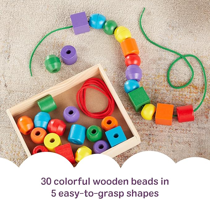 Melissa & Doug Primary Lacing Beads – 30 Wooden Beads for Crafts & 2 Laces in Toy Storage Box, Small Beads for Kids Arts and Crafts Kits, Preschool Learning Toys for Girls & Boys Ages 3+
