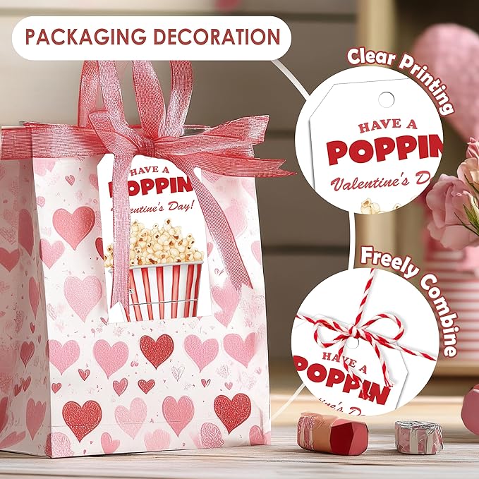50 Pcs Have A Poppin Valentines Day Sticker Label, Valentine Gift Tags with String, Gift Tag Paper Tags Labels Idea Valentines Activity School Classroom Party Favors
