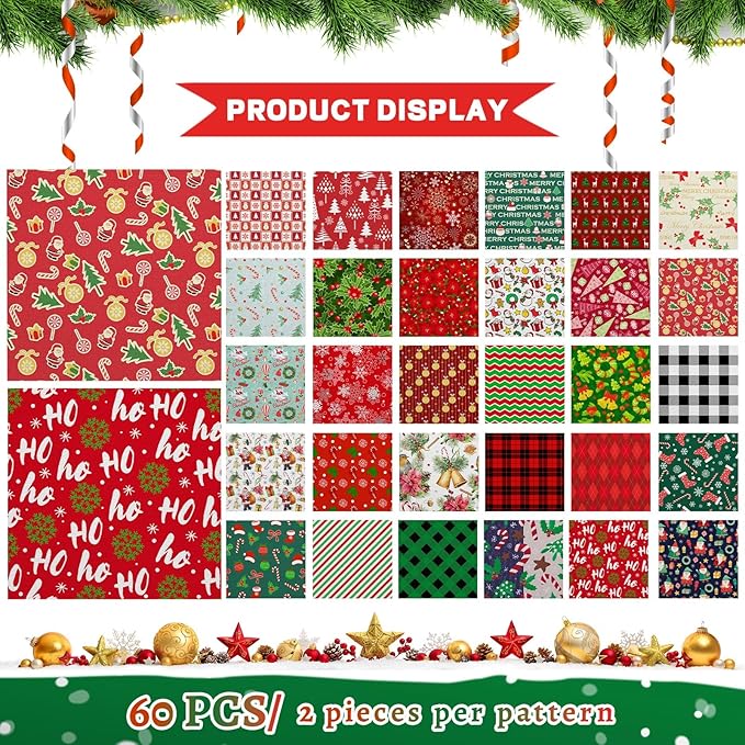 60 Pieces 10 x 10 Inch Christmas Fabric Holiday Quilting Fabric Snowman Christmas Tree Print Fat Quarters Printed Theme Sewing Squares Decorative DIY for Crafts (Snowman)