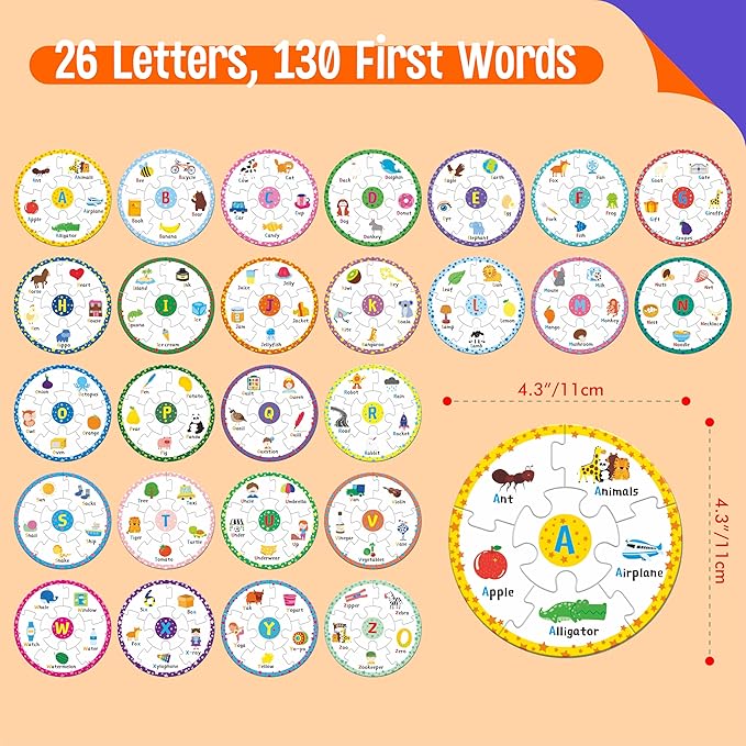 Alphabet Word Puzzles, 26 Letters & 130 First Words, Double-Sided Letter Puzzle Game Learn to Read Alphabet & Words, Early Educational Tool for Toddlers, Preschool, Kindergarten, Homeschooling