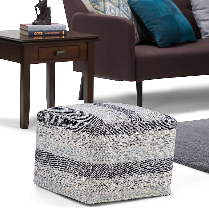 SIMPLIHOME Clay Square Pouf - 18 inch Wide Upholstered Cotton Ottoman in Patterned Blue Melange, Boho Footstool, Decorative Cube Pouf or Extra Seating for Living Room or Bedroom, Assembled