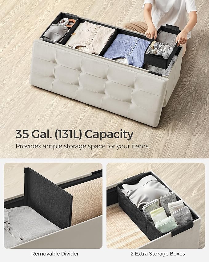 SONGMICS Mazie Collection - Storage Ottoman Bench, Foldable Foot Rest, 15 x 43 x 15 Inches, End of Bed Bench, Storage Chest, Load 660 lb, Living Room, Bedroom, Entryway, Cream White ULSF277W01