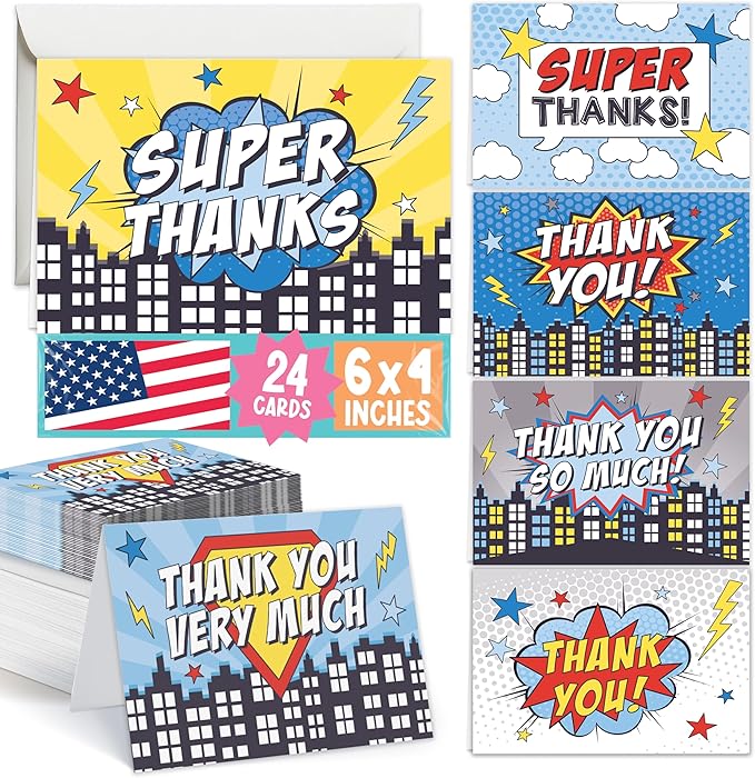 Hadley Designs 24 Superhero Thank You Cards With Envelopes - 4x6 Kids Thank You Cards Boys Birthday Bulk, Blank Baby Boy Super Hero Teacher Appreciation Notes, Superhero Party Supplies, Made In USA