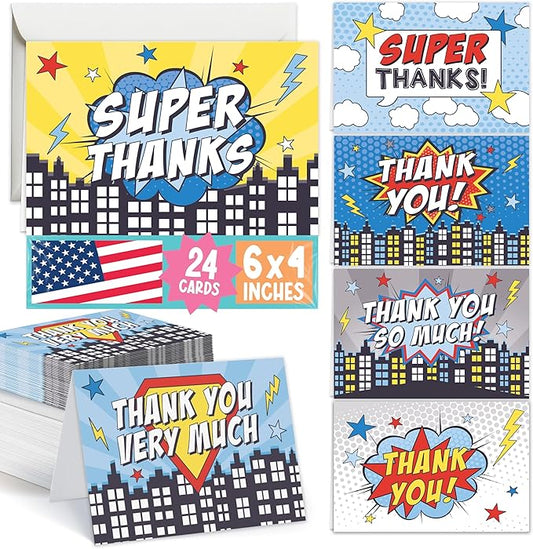 Hadley Designs 24 Superhero Thank You Cards With Envelopes - 4x6 Kids Thank You Cards Boys Birthday Bulk, Blank Baby Boy Super Hero Teacher Appreciation Notes, Superhero Party Supplies, Made In USA