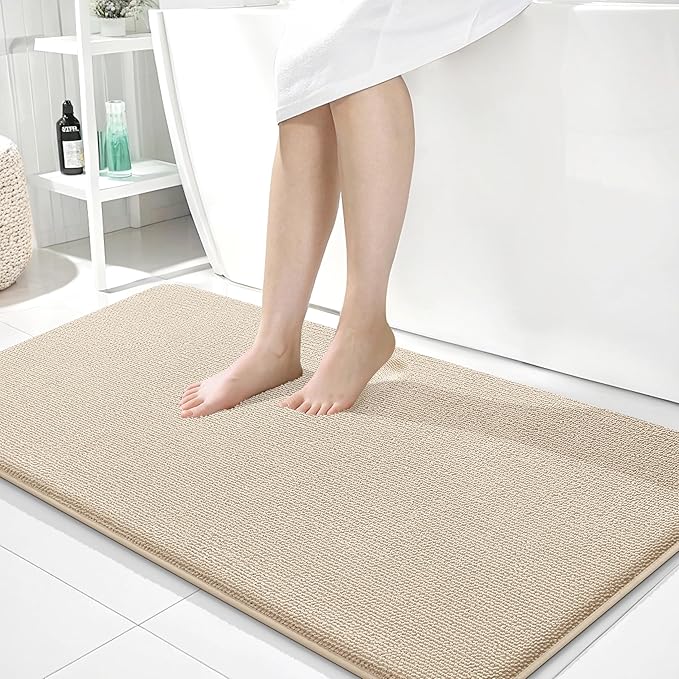 OLANLY Thick Memory Foam Bath Mats Rugs 45x27, Extra Soft Absorbent Bathroom Rug, Quick Dry Bath Mat, Non-Slip, Machine Washable Carpet for Bathroom, Tub and Shower, Home Decor Accessories, Beige