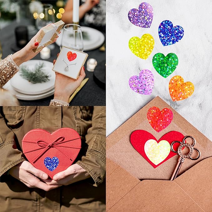 500 PCS Glitter Heart Stickers, 8 Colors Metallic Glitter Stickers Self Adhesive Waterproof Reflective Heart Stickers Love Decorative Labels for Wedding, Classroom Teacher Supplies (Each Measures 1”)