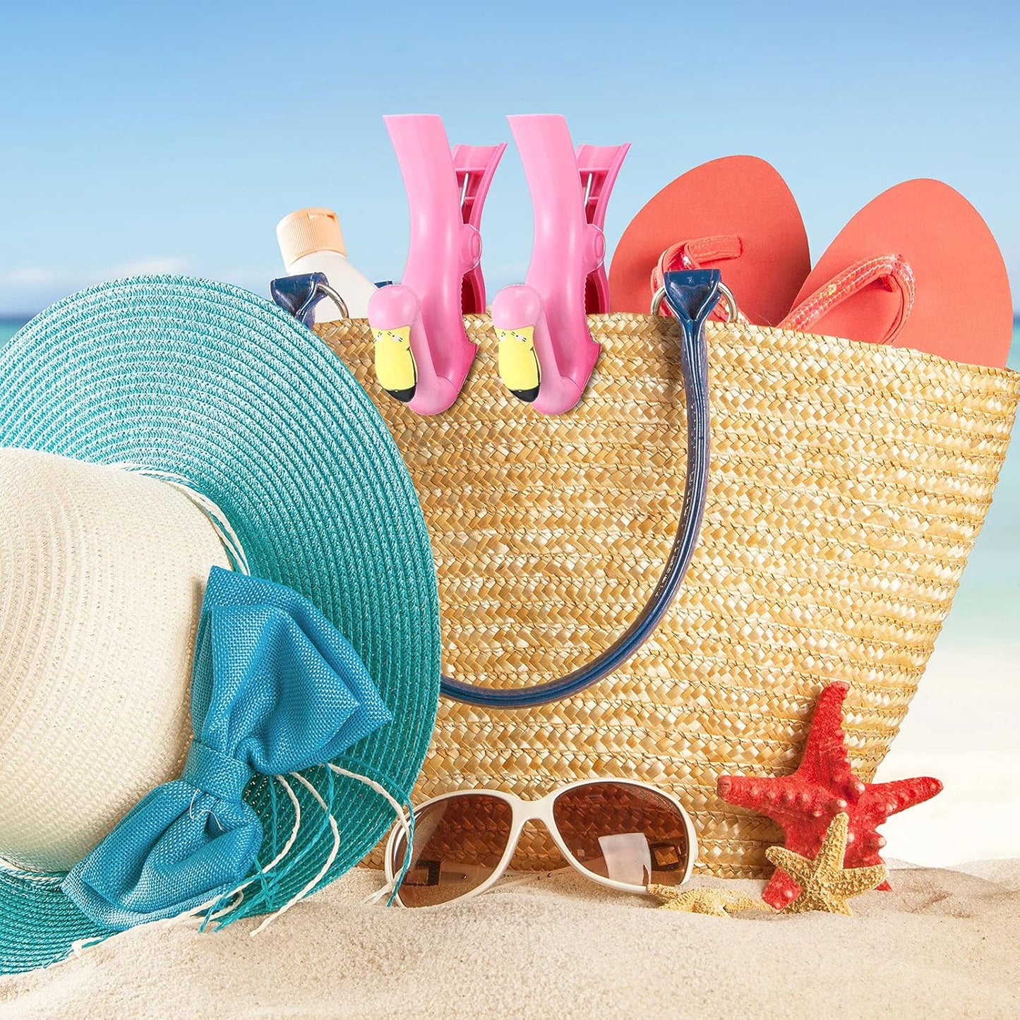 4 Pieces Beach Towel Clip Jumbo Size Chair Clips Towel Holder Clothes Pegs Christmas Stocking Clamp for Cruise Patio Pool Holiday Vacations(Parrot, Flamingo,Blue, Pink)