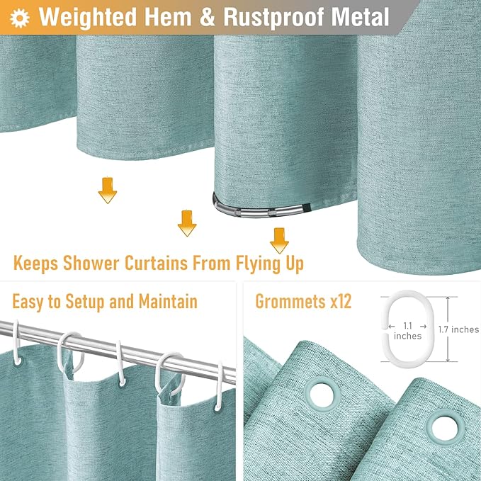 BTTN Extra Long Shower Curtain - 84 Inch Linen Textured Heavy Duty Fabric Shower Curtain Set with 12 Hooks, Turquoise Tall Luxury Simple Waterproof Cloth Shower Curtains for Bathroom - 72x84 -Teal