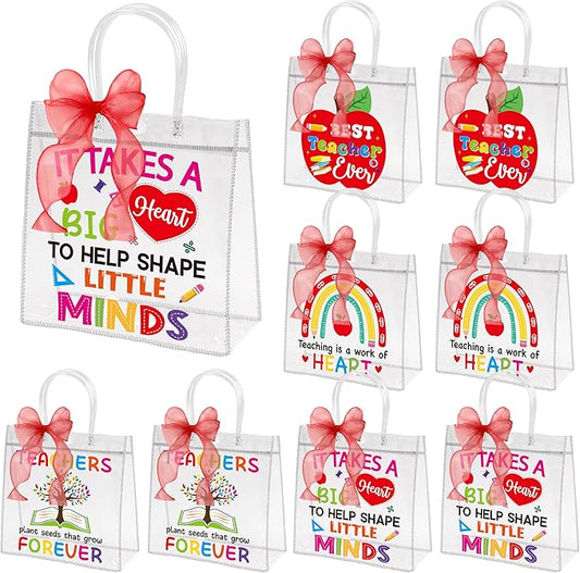 H1vojoxo Teacher Appreciation Gift Bags - 24PCS Teacher Gift Bags Bulk with Red DIY Ribbon 7.87x3.2x7.87Inch Teachers Clear PVC Gifts Bag with Handle Reusable PVC Thank You Gifts Wrap Bag for Teachers