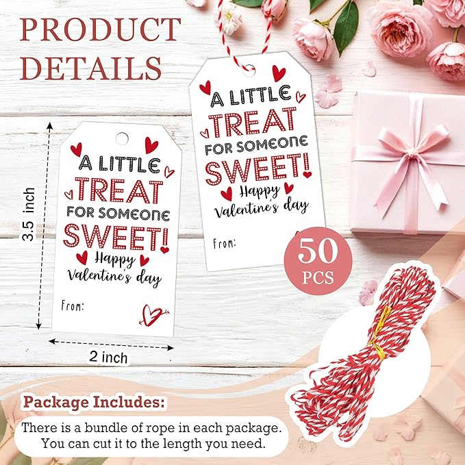 50Pcs Valentines Day Gift Sticker Tags - 3.5 x 2.1 in A Little Treat Happy Valentine Tags with String, Gift Label Idea Valentines Activity School Classroom Party Favors