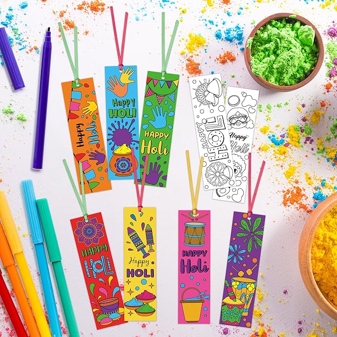 75Pcs Holi Color Your Own Bookmarks Happy Holi DIY Coloring Blank Bookmark Classroom Art Craft Supplies for Teachers Students Indian Festival Holiday Party Gift Supplies Reward Goodie Fillers