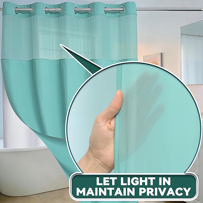 Conbo Mio No Hook Green Waffle Weave Shower Curtain with Snap in Liner Set, Hotel Luxury Shower Curtains for Bathroom with See Through Top Window, Waterproof, Washable 71W x 74H