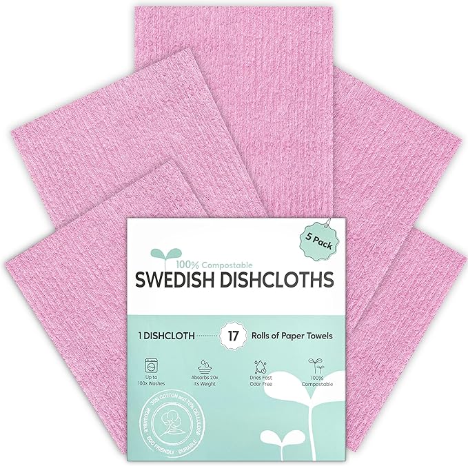 Swedish Dishcloths for Kitchen, 5 Pack Swedish Dish Cloths, Ultra Absorbent Reusable Paper Towels, Cellulose Sponge Cloths, Quick Drying, No Odor, Dishwasher Safe Pink