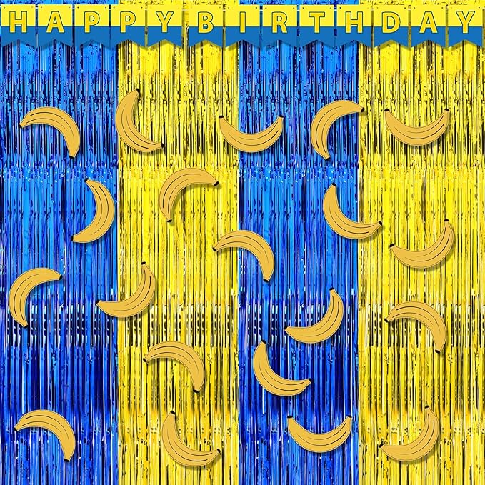 Epakh 39 Pcs Banana Cartoon Birthday Party Decorations Includes 24 Pieces Paper Cards Decor 13 Pcs Happy Birthday Banner 2 Pcs Foil Fringe Curtain Backdrop for Photo Prop Themed Party Supplies
