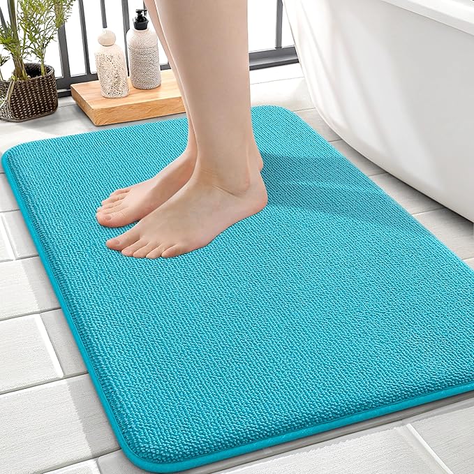 OLANLY Thick Memory Foam Bath Mat Rug 24x16, Extra Soft Absorbent Bathroom Rug, Quick Dry Bath Mats, Non-Slip, Machine Washable Carpet for Bathroom, Tub and Shower, Home Decor Accessories, Aqua Sky