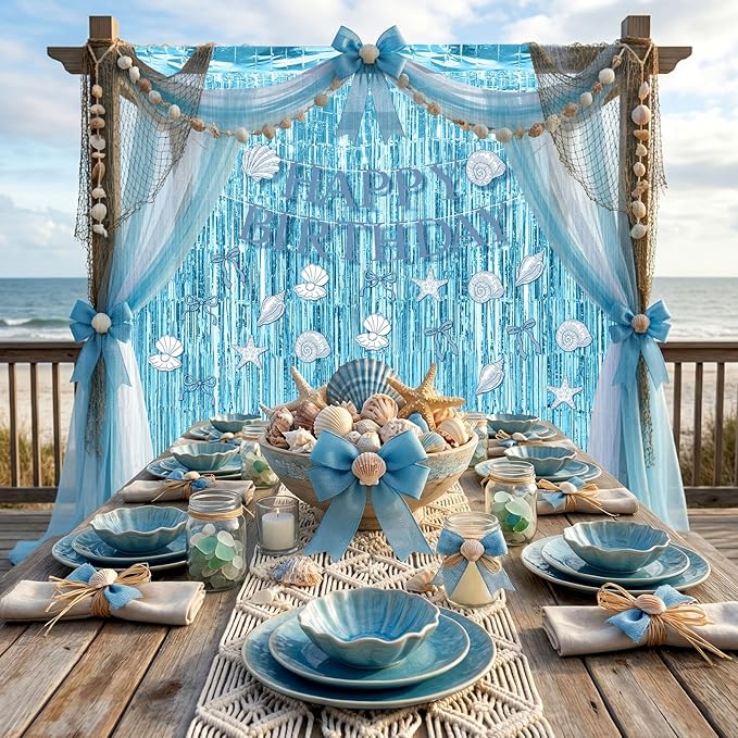 Epakh 39 Pcs Coastal Blue Bow Starfish Seashell Party Decorations Includes 24 Pcs Paper Cards Decor 13 Happy Birthday Banner 2 Foil Fringe Curtain Backdrop for Ocean Photo Prop Party Supplies