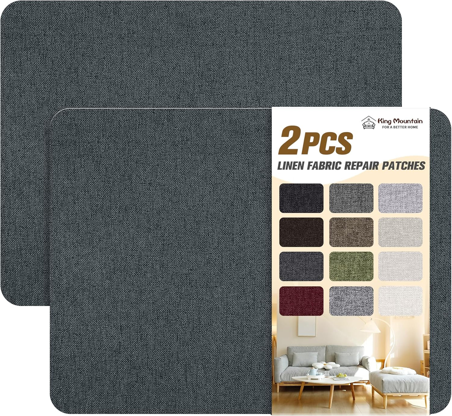 KING MOUNTAIN Fine Linen Repair Patches, Self-Adhesive Linen Fabric Patches, 8X11 inch Extra Size, Multi Color, Can be Used for Linen Sofa Repair and Linen Clothes Repair(8" x 11"-2PCS,Charcoal Gray)