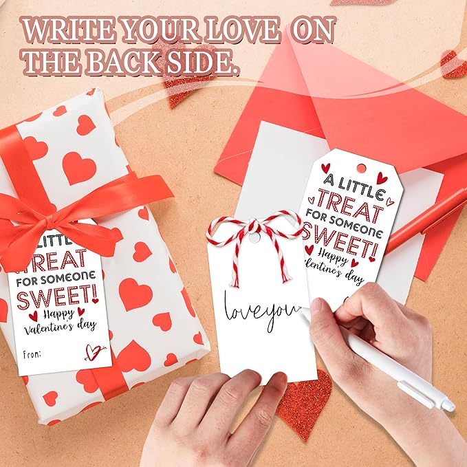 50Pcs Valentines Day Gift Sticker Tags - 3.5 x 2.1 in A Little Treat Happy Valentine Tags with String, Gift Label Idea Valentines Activity School Classroom Party Favors