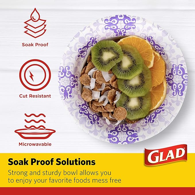 Glad Round Disposable Paper Bowls, Purple Victorian Design - Heavy Duty, Soak Proof, Cut-Resistant, Microwavable Bowl for All Foods & Daily Use, 12 Oz, 20 Count