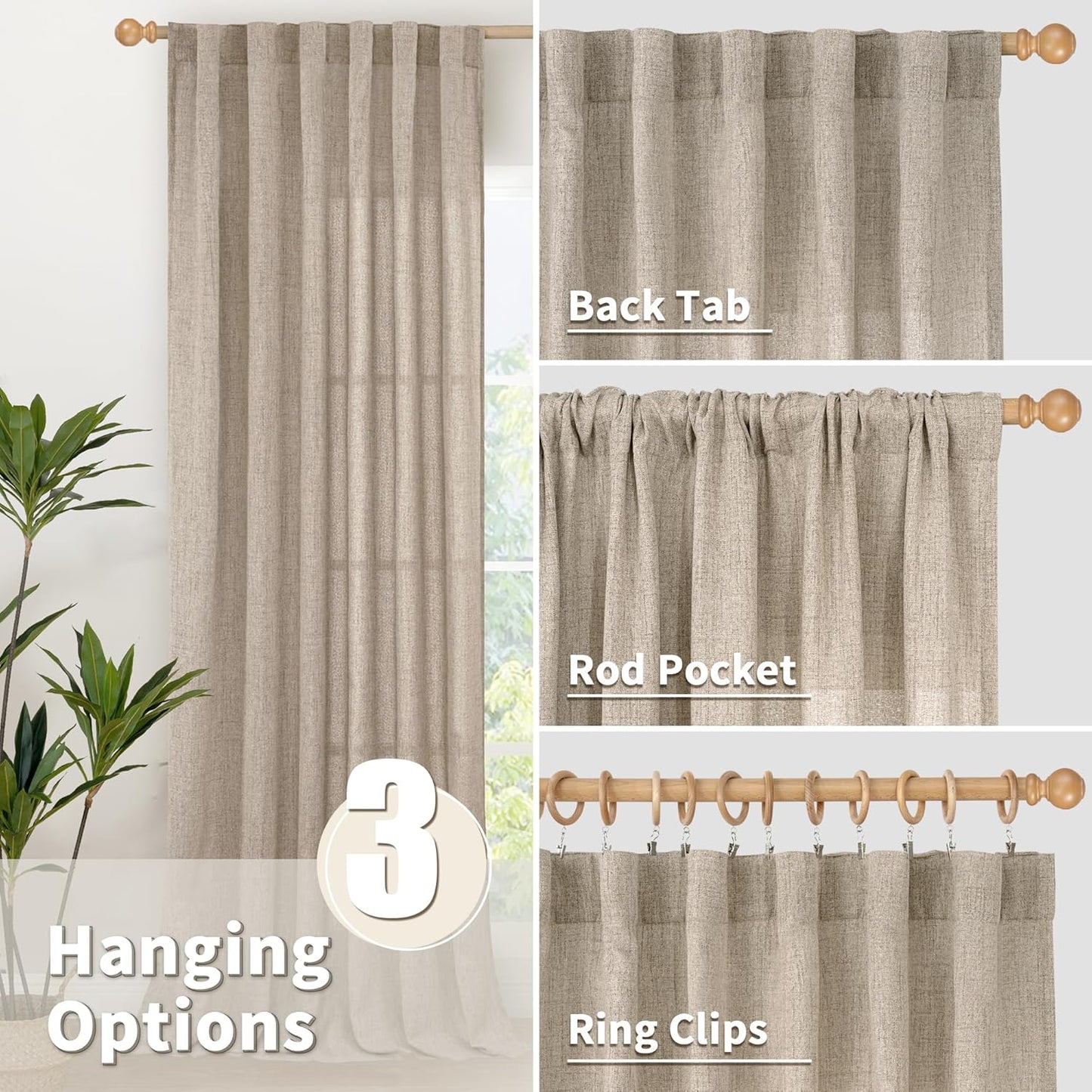 YoungsTex Dark Oatmeal Linen Curtains 45 Inch Length for Short Window, Tan Semi Sheer Drapes with Rod Pocket Back Tab Textured Light Filtering for Bathroom Bedroom, 2 Panels, 42 X 45 Inch