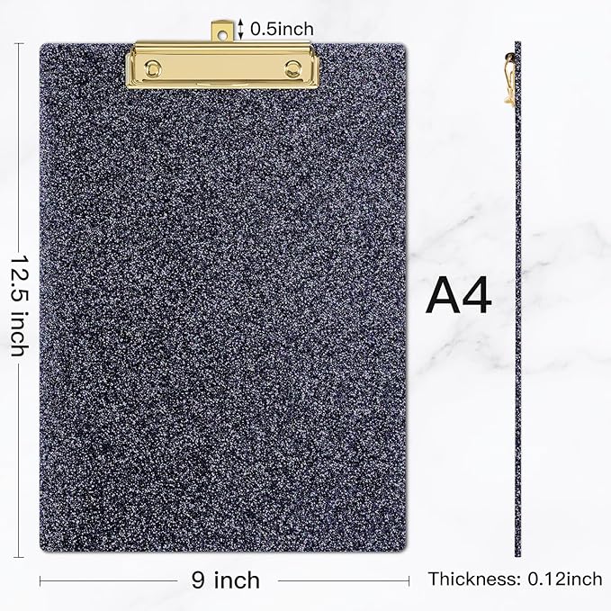 Piasoenc Acrylic Clipboards, Fashion Glitter Clip Board with Low Profile Gold Clip, Designed for Classroom School and Office Use, A4 Letter Size 9 x 12.5 in,Black
