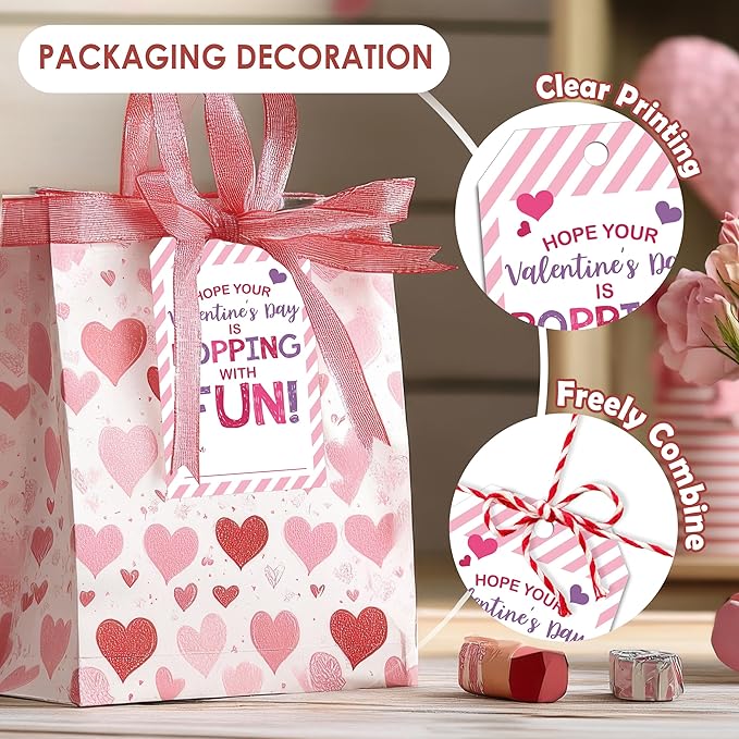 50 Pcs Have A Poppin Valentines Day Sticker Label, Valentine Gift Tags with String, Gift Label Idea Valentines Activity Party Favors-Pink White
