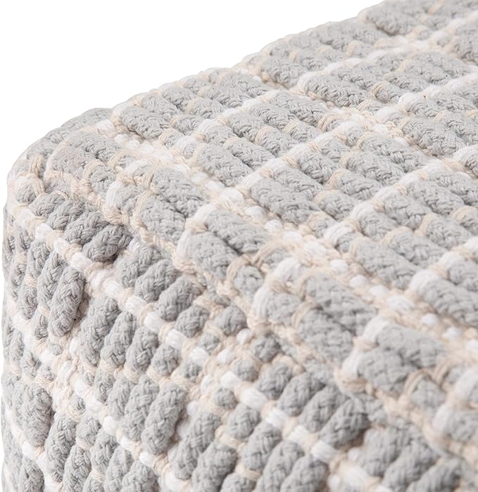 SIMPLIHOME Noreen Square Pouf - 18 inch Wide Upholstered Handwoven Cotton Ottoman in Light Blue and White, Boho Footstool or Extra Seating for Living Room with Polystyrene Filling, Assembled