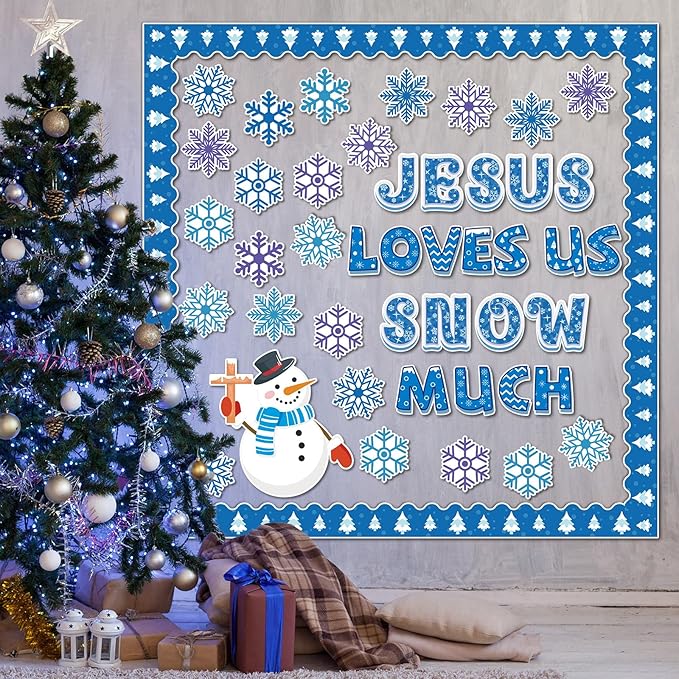 Winter Bulletin Board Decoration Set Winter Snowflakes Snowman Paper Cutouts Christmas Christian School Church Decor for Classroom Religious Christmas Home Wall Decor Supplies(Jesus Love Us Snow Much)
