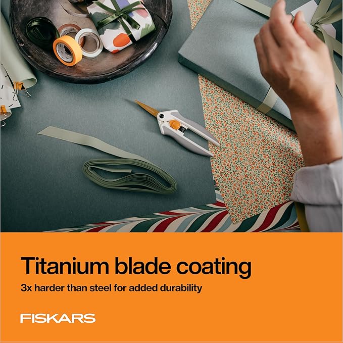 Fiskars Easy Action Micro-Tip Titanium Scissors, Sharp Blades for Cutting Precision and Angles with Easy Action Spring Design, Crafting Supplies, SoftGrip Assisted Handle