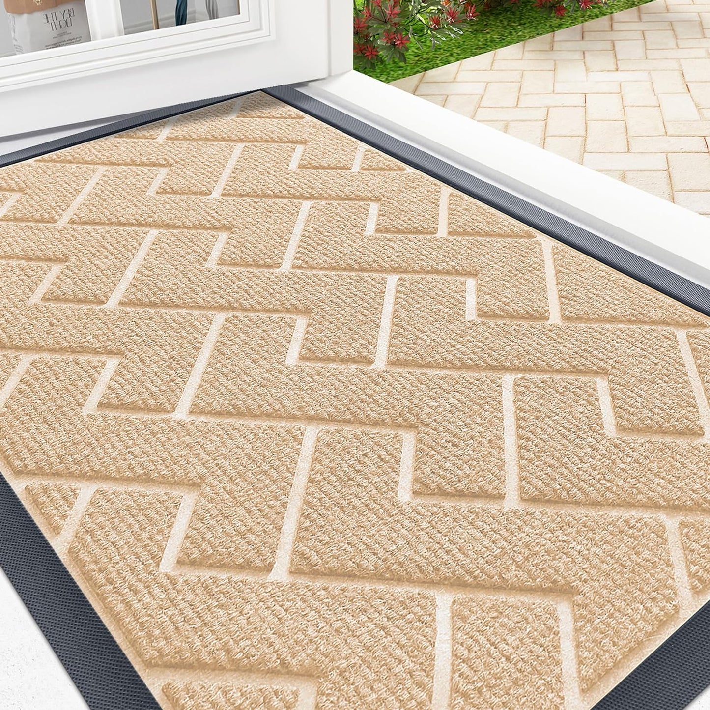 OLANLY Front Door Mat Indoor Outdoor Entrance, Waterproof All-Season, All-Weather Doormat, Sturdy Natural Rubber, Low Profile, Easy Clean Patio Porch Entryway Mat, Herringbone Brick (Beige, 47x23)