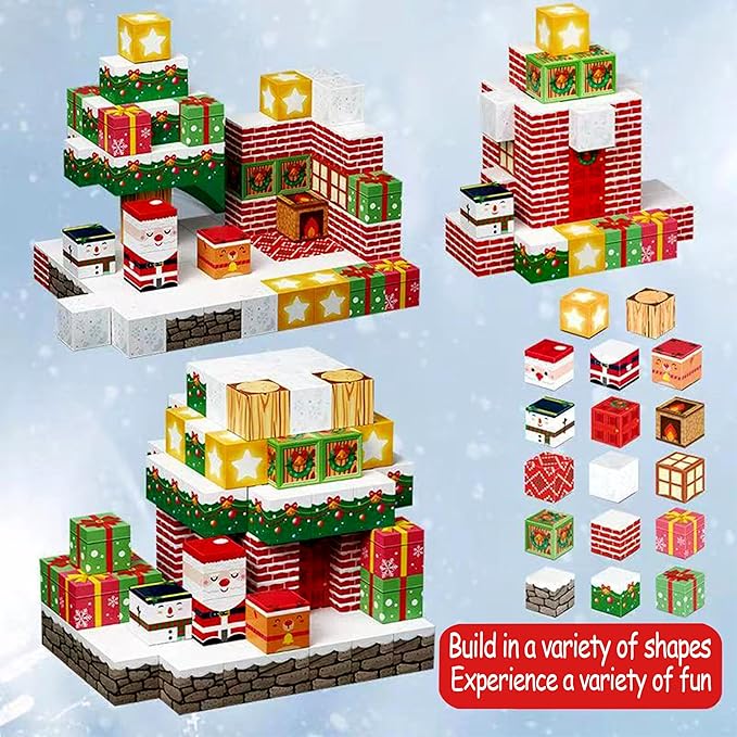 Magnetic Blocks,100 PCS Build Magnetic Santa Chimney Xmas Tree Gift World, STEM Construction Magnetic Cube for Boys Girls Age 3 4 5 6 7 8 9 10,Sensory Stacking Toy Christmas Birthday Gifts for Kids