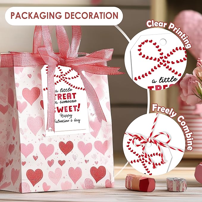 3.5 x 2.1 in Valentines Day Gift Sticker Tags - 50Pcs A Little Treat Happy Valentine Tags with String, Gift Label Idea Valentines Activity School Classroom Party Favors