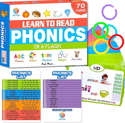 70PCS Phonics CVC Flash Cards Set 20 Phonic Stages Bonus 10 Life Skill Cards Sorting Rings Learn to Read in Blends, Long Vowels, Digraphs for PreK-3rd Grade (Alphabet, Colors, Numbers, and More)