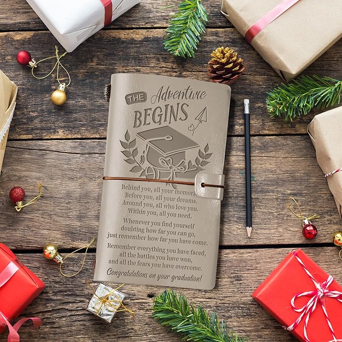 PRSTENLY Graduation Gifts Leather Journal, Graduation Gifts for Her Him 140 Page Refillable Journal, High School University College Graduation Gift Ideas for Women Men (Grey)